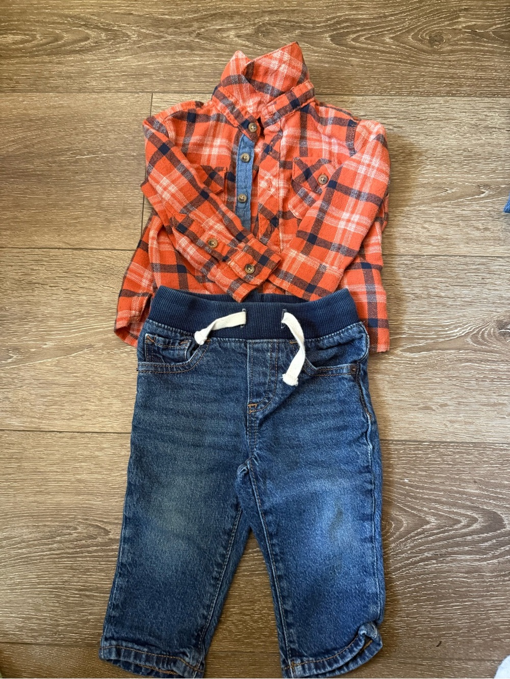 Baby Boy Orange Plaid Shirt & Jeans Outfit Bundle | 12 Months